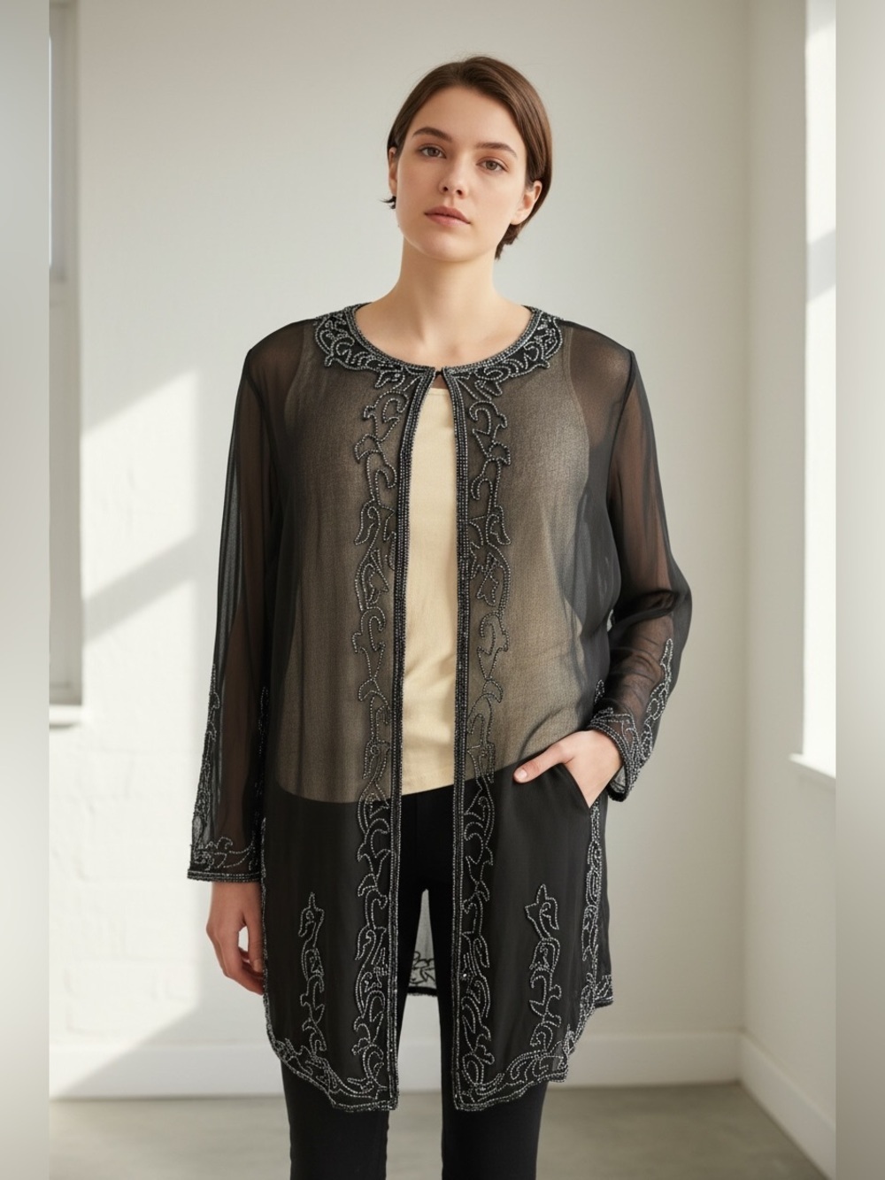 Vintage Signature JMD Sheer Black Beaded Open Front Jacket